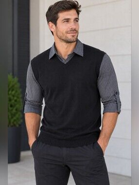 No Retreat Men's Medium Black Faux Layered V-Neck Sweater Shirt